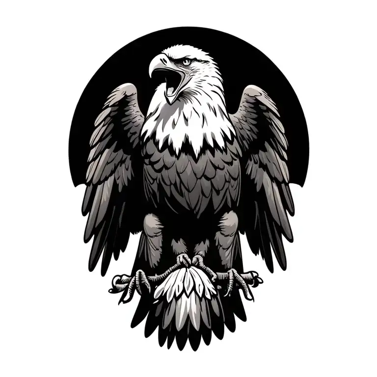 A fierce, screaming bald eagle with its wings spread wide, exuding strength and power. The eagle’s feathers are intricat tattoo design idea