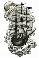 small pirate ship stormy seas compass rose falling moon  tattoo design idea