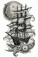 small pirate ship stormy seas compass rose falling moon  tattoo design idea