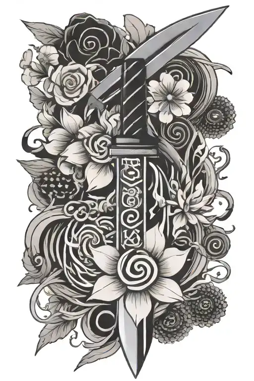 Naruto symbols , Japanese style , Japanese blossoms , flowers and petals , kunai knife , smoke , spiral tattoo design idea