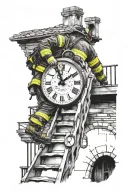 firefighter climbing winding broken stairs that lead to a broken clock tattoo design idea