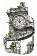 firefighter climbing winding broken stairs that lead to a broken clock tattoo design idea