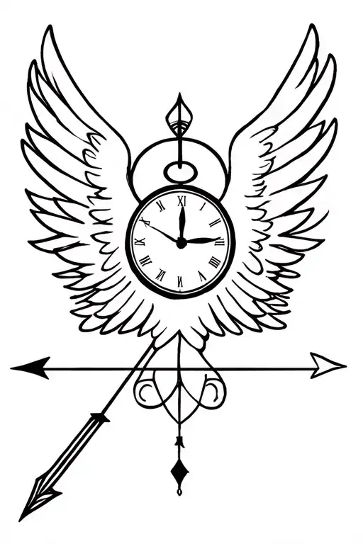 Angelo wings with an arrow and a clock tattoo design idea
