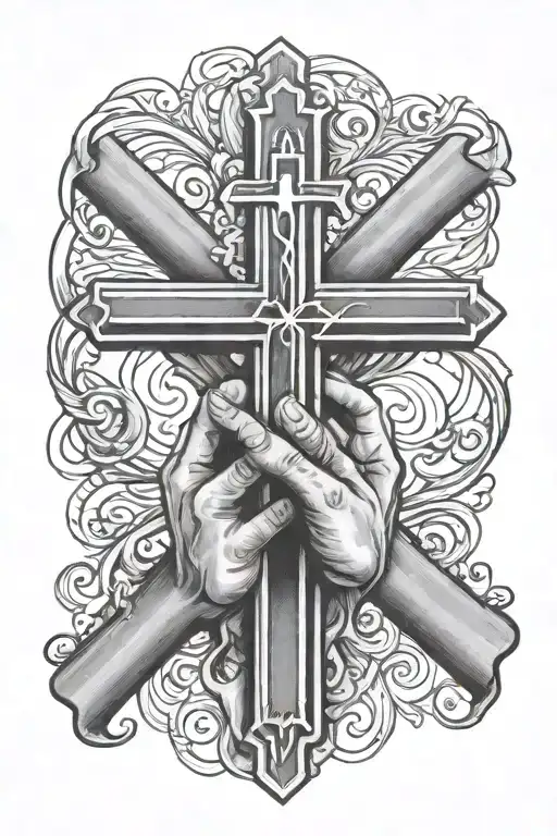 praying hands holding cancer ribbon with three crosses behind it tattoo design idea