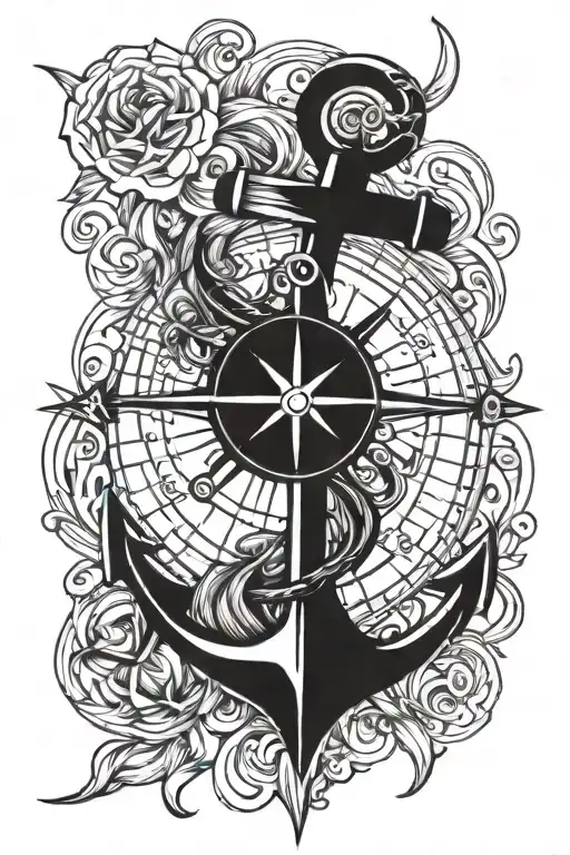 anchor and compass rose intertwined tattoo design idea