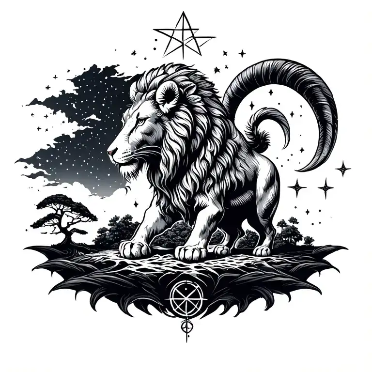 lion, goat, island, night sky, stars, lost, trees pentagrams tattoo design idea
