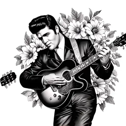 Old chool pinup from Elvis holding a guitar with flowers around him make it a pinup whole body  tattoo design idea