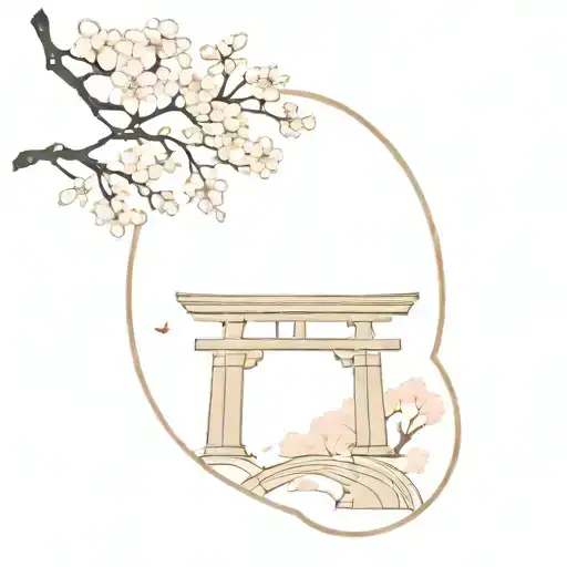 the sakura tree next to the Japanese arch monument tattoo design idea