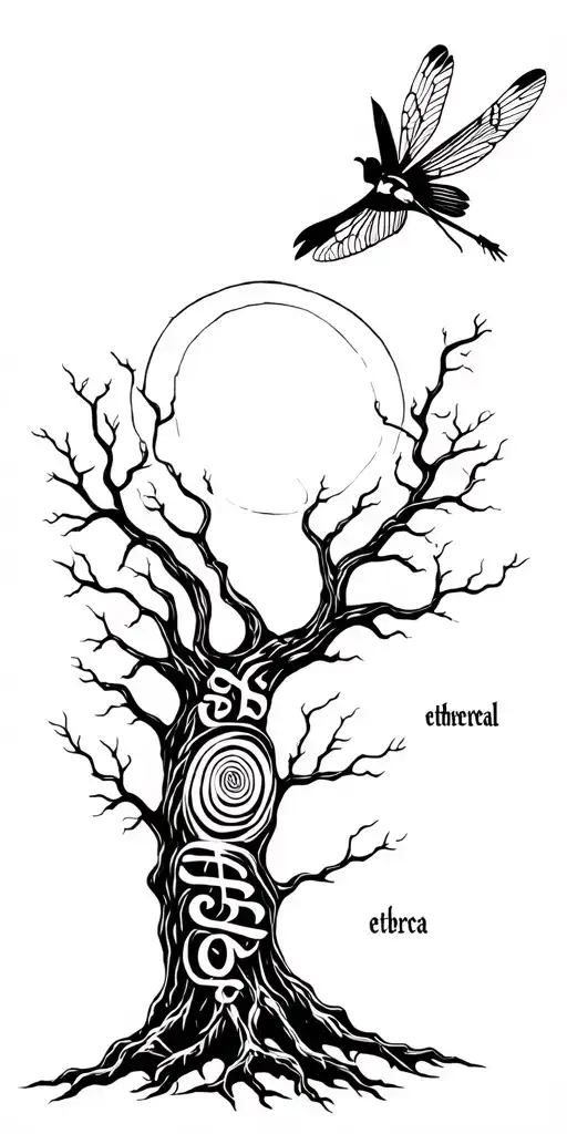 big tree with dragonfly with spiral head in the center, crow flying, roots on the wrist creating the word ethereal tattoo design idea