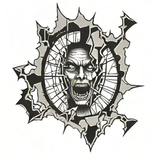 scary face broken window tattoo design idea