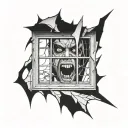 scary face broken window tattoo design idea