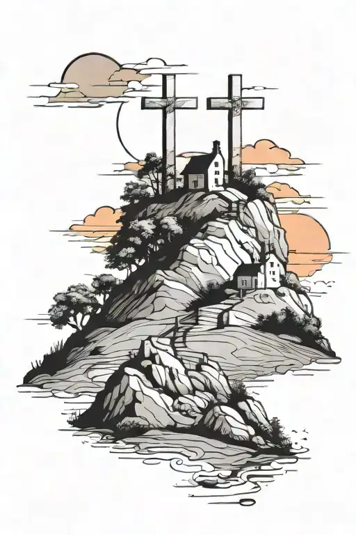 3 crosses on a hill and watch the sunset tattoo design idea
