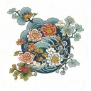 colorful  Japanese flowers and clouds  tattoo design idea