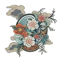 colorful  Japanese flowers and clouds  tattoo design idea