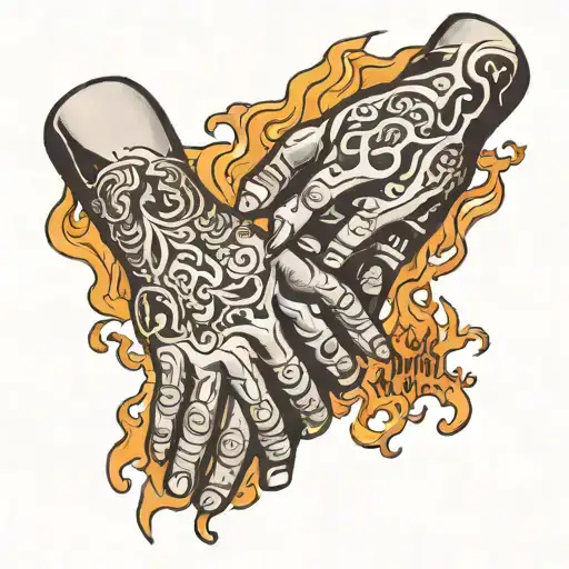 hands shaking, One is on fire, under the hands the text wish you were here  tattoo design idea