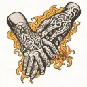 hands shaking, One is on fire, under the hands the text wish you were here  tattoo design idea