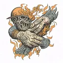 hands shaking, One is on fire, under the hands the text wish you were here  tattoo design idea