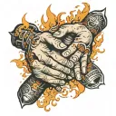 hands shaking, One is on fire, under the hands the text wish you were here  tattoo design idea