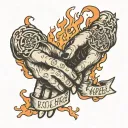 hands shaking, One is on fire, under the hands the text wish you were here  tattoo design idea