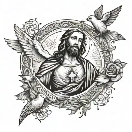jesus on cross with doves and stars with joshua 1:9 verse tattoo design idea