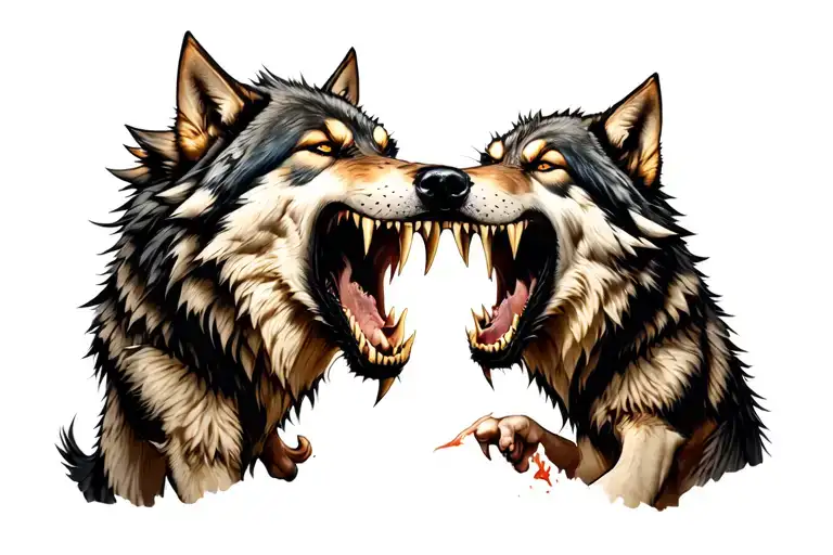 two fighting wolves with big fangs angry tattoo design idea
