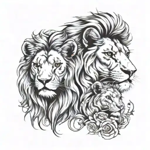 half female lion face and 2 baby lion head tattoo design idea