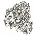 half female lion face and 2 baby lion head tattoo design idea