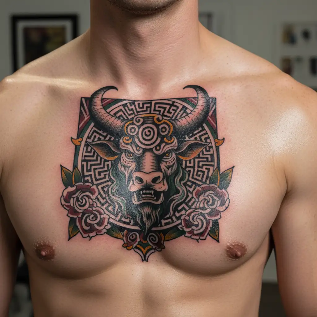 minotaur head on a labyrinth trad tattoo tattoo design idea
