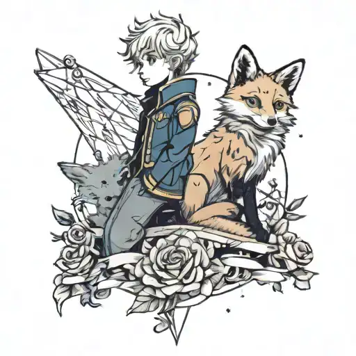 little prince, together with a rose, and a fox, side by side looking at the galaxy tattoo design idea
