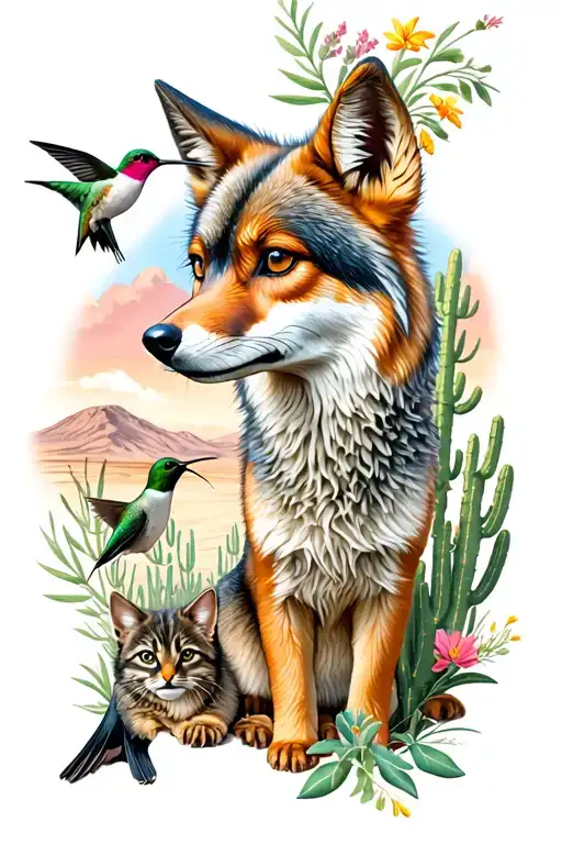 desert scene with a coyote, hummingbird and catus tattoo design idea