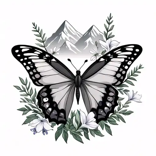 butterfly, right wing mountains and pinetrees. Left wing 1 snowdrop, 1 iris and 2 violets, 1 deffodal, 1 gladiolus tattoo design idea