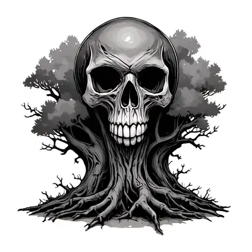 creepy tree with skull at base  tattoo design idea