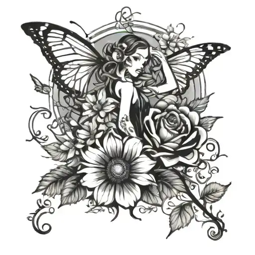 virgo woman design and a butterfly as a wings of a semi colon and an august flower fine lone black ink  tattoo design idea