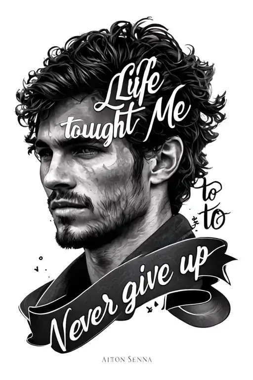 Make an image of a tattoo with Airton Senna on top and a phrase written above it "Life taught me to never give up" tattoo design idea