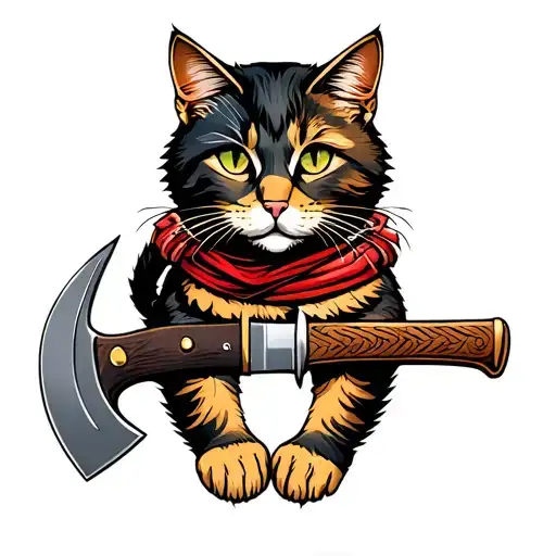 A hatchet and a Bayonet with feline feature beside each other tattoo design idea