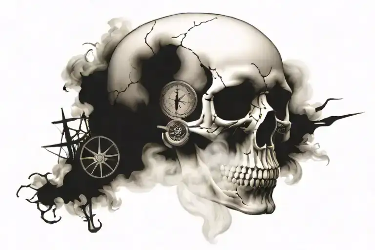 realistic skull with compass surrounded by smoke with anchor tattoo design idea