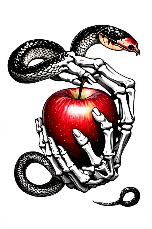 Adam and Eve skeletal hand holding apple with snake around it  tattoo design idea