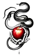 Adam and Eve skeletal hand holding apple with snake around it  tattoo design idea