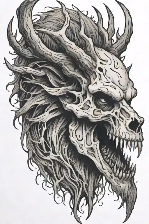 wendigo tattoo with a wolf skull and deer antlers mouth opening looking left tattoo design idea
