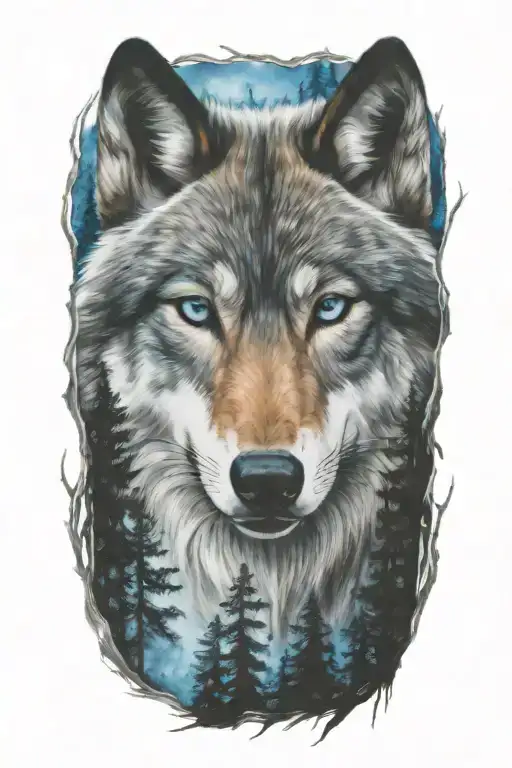 wolf blue eyes forest landscape tattoo design idea