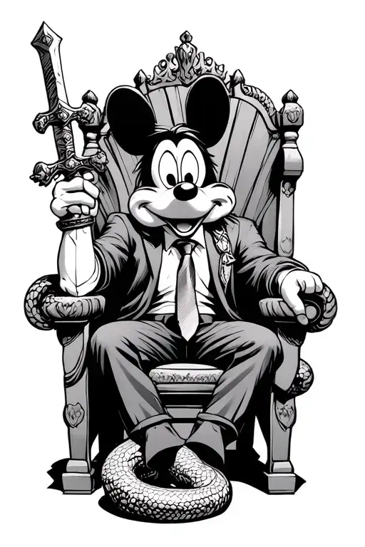 goofy with a sword that surrounded by a snake and he is sitting on a king throne with his tie tattoo design idea