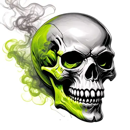 Ferocious skull, in acid-green smoke, 3/4 view, on a white background tattoo design idea