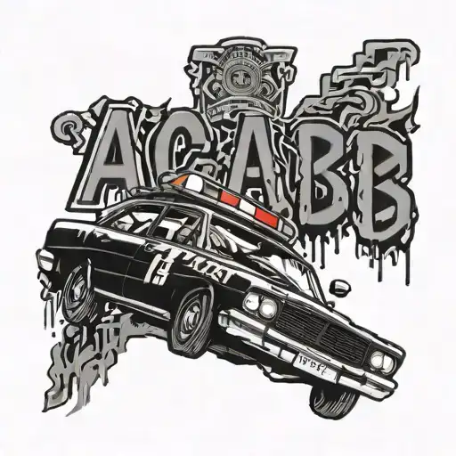 acab inscription, police car crash tattoo design idea