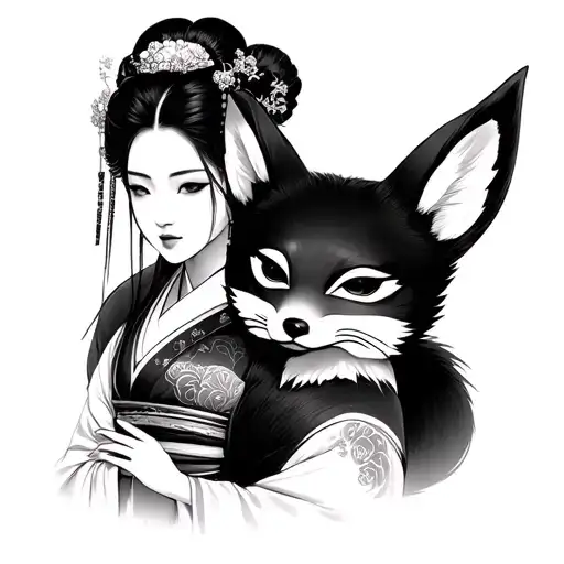 a geisha with a mysterious look, holding a kitsune fox mask tattoo design idea