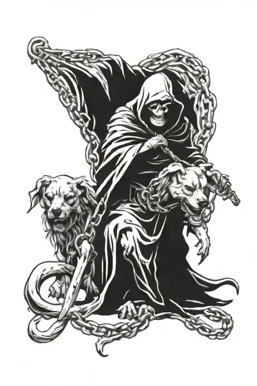 grim reaper and on a chain cerberus  tattoo design idea