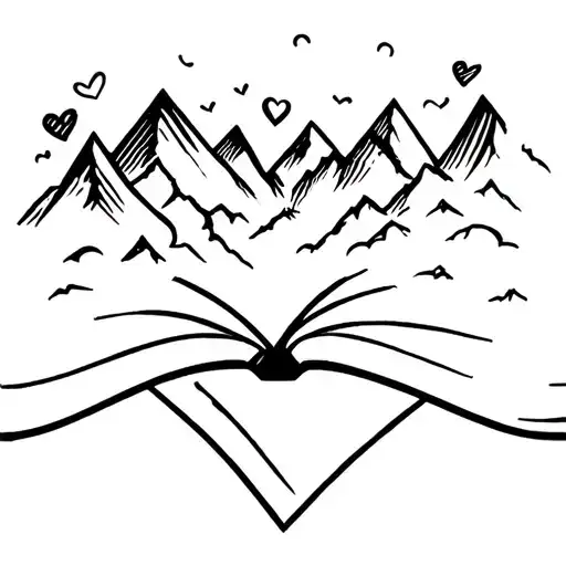 open book with movement with mountains on a page and hearts coming out of the book in fine black lines tattoo design idea