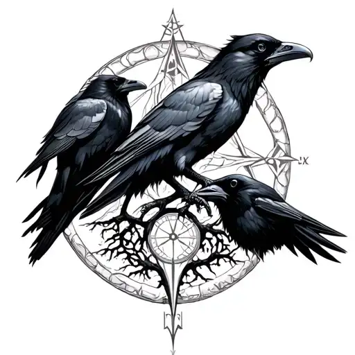 2 ravens, Norse compass and tree of life tattoo design idea
