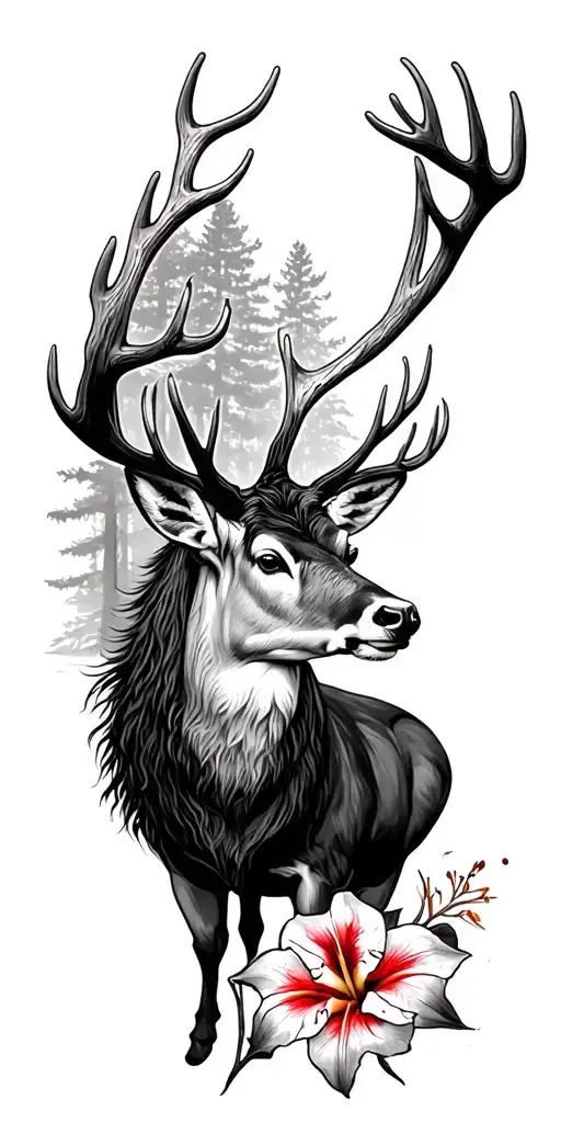 red stag lillys and forest tattoo design idea
