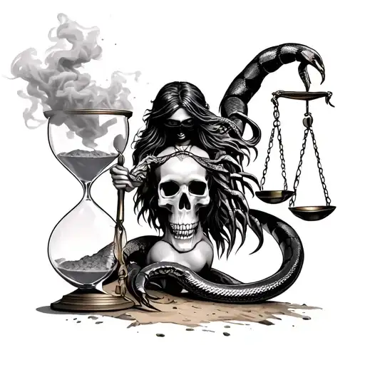 "Surrounded by smoke and snakes" Scorpion crawling on cracked skull or hourglass with smoke or sand. . Blindfolded woman like Lady Justice holding scales tattoo design idea
