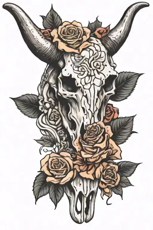 steer skull and roses tattoo design idea